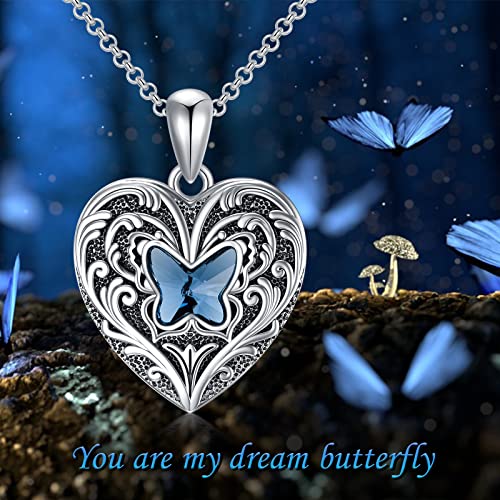 SOULMEET Personalized Butterfly Locket Necklace That Holds Up to 2 Pictures, Memorial Insects Silver Butterfly Photo Locket Custom Any Photo Healing Gift - color: G-Crystal Blue, style: Locket Necklace Only