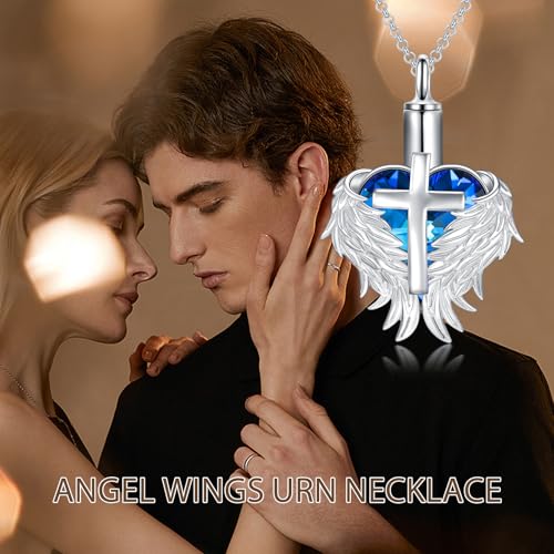 Rose & Daisy Urn Necklace - Sterling Silver Cremation Keepsake Memorial Jewelry - style: Wings Urn Necklace-Blue Crystal