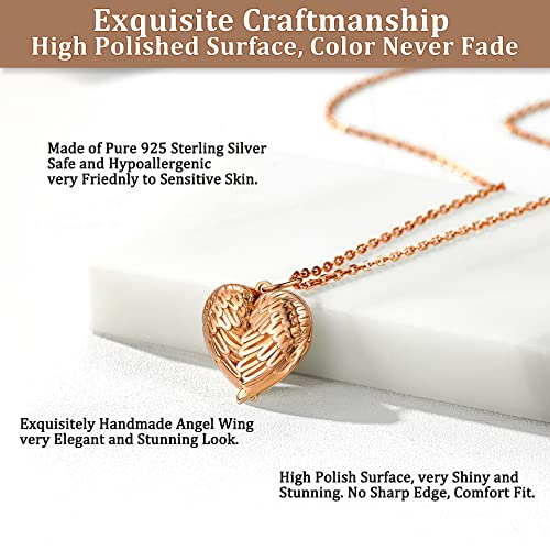 Bestyle Sterling Silver Heart Locket Necklace for Women, Dainty Cute Small Heart Locket Pendant in Gold/Rose Gold/Silver, Love Statement Jewelry Gift for Mother Wife - color: D1. Angel Wing-Rose Gold-Locket Only, NO Custom