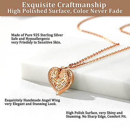 Bestyle Sterling Silver Heart Locket Necklace for Women, Dainty Cute Small Heart Locket Pendant in Gold/Rose Gold/Silver, Love Statement Jewelry Gift for Mother Wife - color: D1. Angel Wing-Rose Gold-Locket Only, NO Custom