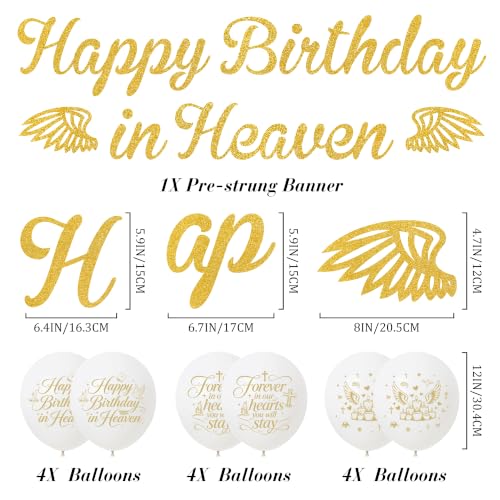 Happy Birthday in Heaven Decorations, Gold Glitter Heavensent Banner Set | Pre-strung Banners, Angel Wings Hanging Swirls Cake Topper White Balloons, Funeral Remembrance Heavenly Party Supplies - color: Gold