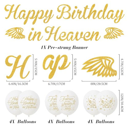 Happy Birthday in Heaven Decorations, Gold Glitter Heavensent Banner Set | Pre-strung Banners, Angel Wings Hanging Swirls Cake Topper White Balloons, Funeral Remembrance Heavenly Party Supplies - color: Gold