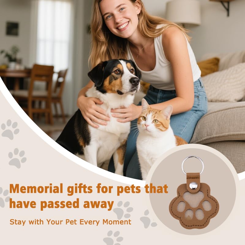 Leather Paw Print Keychain for Dog Cat Pet Hair Keepsake Keychain Sympathy Memorial Gift for Loss of Cat Dog Puppy - color: Brown