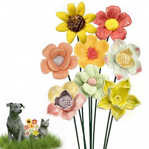 Ceramic Cemetery Flowers for Grave, Fade-Resistant Outdoor Pet Memorial Decor, Weatherproof Glazed Blooms for Dog Loss Sympathy Gift, 8 Multicolor Heads with Metal Stems, DIY Assembly