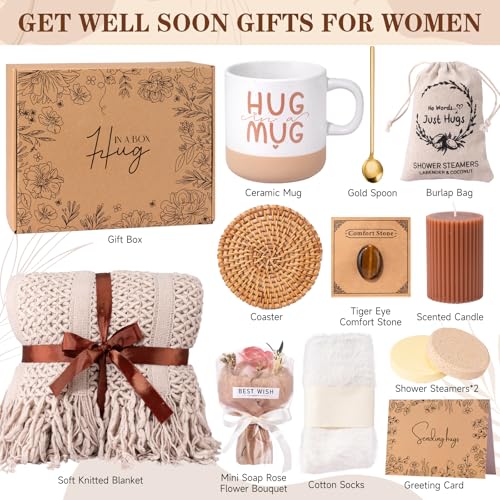 Get Well Soon Gift Baskets for Women, Earth Tone Self Care Package Box After Surgery Thinking of You Feel Better Gifts, Sympathy Gift Basket for Loss of Loved One, Inspirational Gifts for Sick Friends