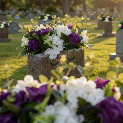 Purple Headstone Flower Saddle,Cemetery Artificial Flowers for Grave Decor