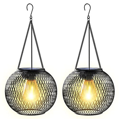 Solar Lantern Outdoor Waterproof,Hanging Solar Lights,2 Pack,Black | Solar Lantern Outdoor, Hanging Lights Outdoor Garden Metal Lanterns Decorative Waterproof Tree for Yard Patio