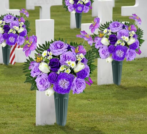 Artificial Cemetery Flowers,Memorial Flowers,Beautiful Arrangements for Headstones,Silk Tulip Rose Hibiscus Daisy