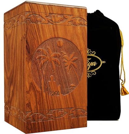 ZIYA Wooden Cremation Urn for Human Ashes, Decorative Beach Funeral Urns for Adult Male Female, Memorial Burial Adult Ashes Urn Box For Men or Women (XL) 250lbs With Black Satin Velvet Bag