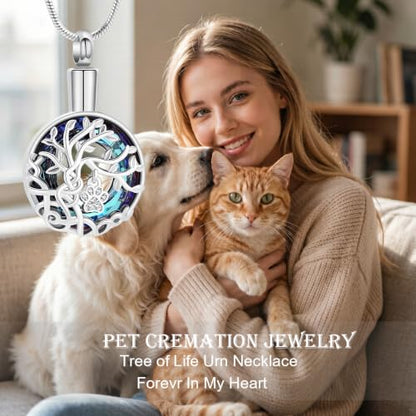 zeqingjw Pet Cremation Jewelry Tree of Life Urn Necklace for Ashes for Dog/Cat Funeral Ashes Keepsake Paw Print Urn Pendant Memorial Jewellery - color: Silver-Blue