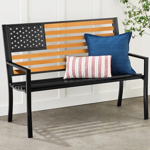 Best Choice Products Outdoor Bench 2-Person Steel Indoor/Outdoor Bench for Garden, Patio, Porch, Entryway w/American Flag, 790lb Capacity – Black/Wood - color: Black/Wood