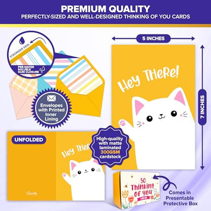 Decorably 50 Pack Bulk 5x7in Thinking of You Cards with Envelopes | Stickers, 50 Adorable Folded Designs for Women & Loved Ones, Printed Message Inside - Thoughtful Notes, Gifting, Mailing