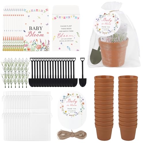 Aneco 48 Sets Baby Shower Party Favors Seed Packet for Guests Include Self Adhesive Seed Envelopes Organza Bags Flowerpot Cards Garden Shovel Flower Bouquet for Spring Shower Gifts(No Seeds) - style: Spring Flowers