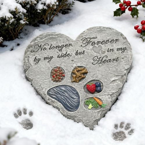 Heart Shaped Dog Memorial Garden Stone with Paw Print & Treats & Food - Sympathy Gift for Loss of Pet Outdoor Grave Marker Remembrance Dog Passing Away