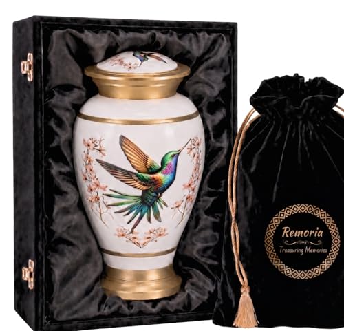 Remoria Cremation Urns for Human Ashes, Large Adult White Hummingbird Urn | Funeral Urn for Female & Male, 185 Cu In, Gift Box and Velvet Bag Included - color: White