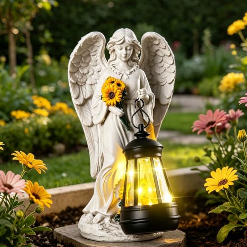 Solar Garden Decor Angel Statue Grave Decorations for Cemetery | Resin Guardian Angel Figurine with Sunflower , Waterproof Outdoor Statue for Lawn, Patio, GraveSite & Memorial Decor - color: White Sunflower Angel