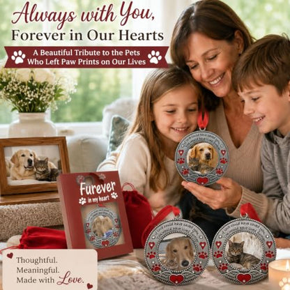 Pet Memorial Photo Ornaments Set of 3, Dog or Cat Remembrance Keepsake Picture Frames with Angel Wings, Paw Prints, Red Hearts, Enameled & Jeweled, Gift Bag Included, 3 Inch Round Holds 2 Inch Photo - size: 3 Standard