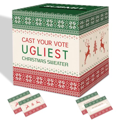 Christmas Ugly Sweater Contest Ballot Card Box, Voting Card Box Set with 50 Voting Cards, Ugliest Sweater Contest Ballot Box - color: Green and red