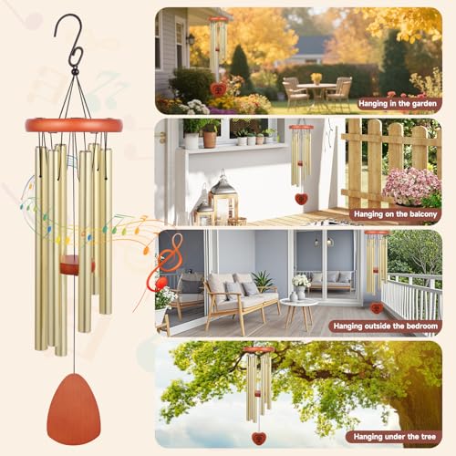 Memorial Wind Chime for Loss of Loved One, Sympathy Gift with Photo Frame for Mother Father Pet, 33" Deep Tone Healing Bereavement & Remembrance Gift (Gold) - color: Gold