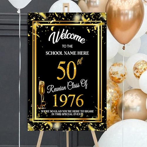 Personalized 50th Reunion Welcome Sign, Gold Confetti on Black, High School & College Reunion Plastic Board - color: Version 2