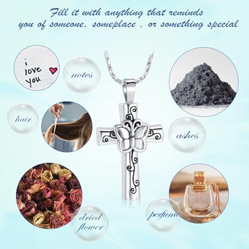 Butterfly Cross Urn Necklace for Ashes Birthstone Cremation Jewelry for Men Women Ashes Pendant Keepsake Memorial Ash Jewelry - color: Silver