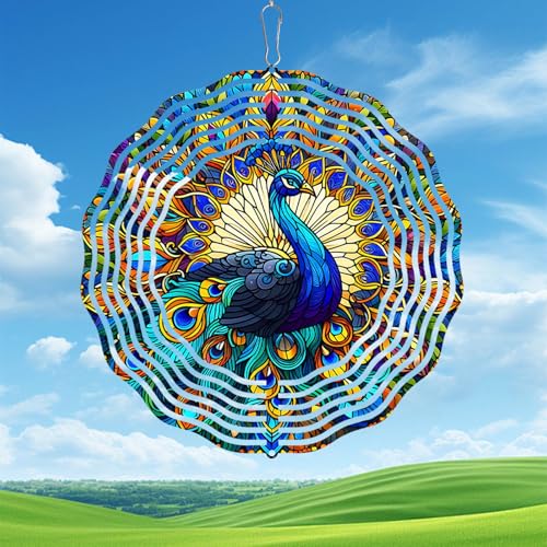 Peacock Wind Spinner, Hanging 3D Outdoor Wind Chimes, 10 inch Metal Wind Spinner for Outdoor & Indoor Decor, Yard Art Gift - color: Peacock