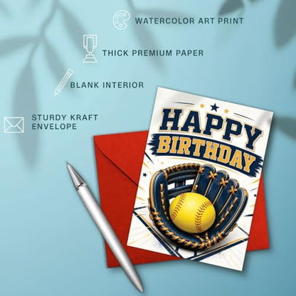 Softball Birthday Card, Blue Glove Yellow Ball Greeting Gift | Softball Birthday Card For Softball Player, Softball Fan, Sports Lover, Coach, Team Party Gift Card, Glove Ball Greeting Card - color: sport1