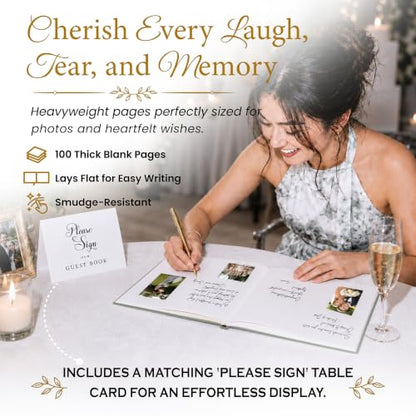Wedding Guest Book, 100 Blank Pages, 9×7" Gold Foil Hardcover - color: Green