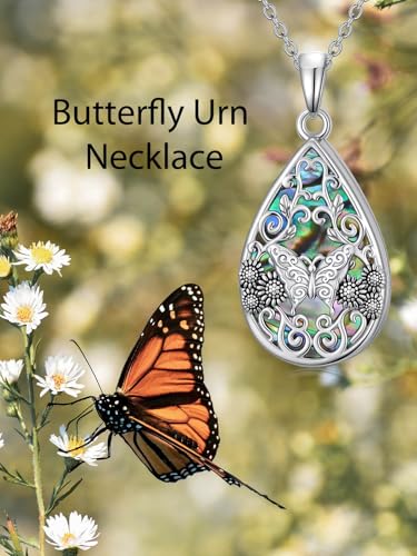 WINNICACA Urn Necklaces for Ashes 925 Sterling Silver Butterfly Hummingbird Dragonfly Teardrop Ash Necklace Cremation Jewelry Urn Pendants for Women Memorial Gifts for Birthday Christmas Funeral - style: 4-Butterfly Urn Necklace