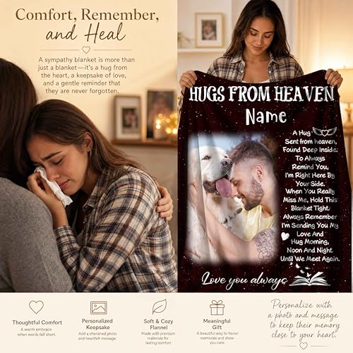 Personalized Memorial Picture Blanket Custom Hug from Heaven Sympathy Gift | HD Printing Flannel Throw Blanket for Grief and Remembrance Loss of Mother Father - color: Design 17