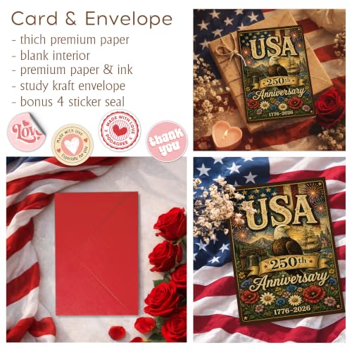 250 Years of Freedom Greeting Card with Red Envelope, 1776-2026 Patriotic Eagle Independence Celebration Card, USA Anniversary Card for Veterans, Family, Friends - color: american11
