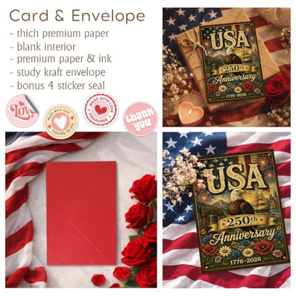 250 Years of Freedom Greeting Card with Red Envelope, 1776-2026 Patriotic Eagle Independence Celebration Card, USA Anniversary Card for Veterans, Family, Friends - color: american11