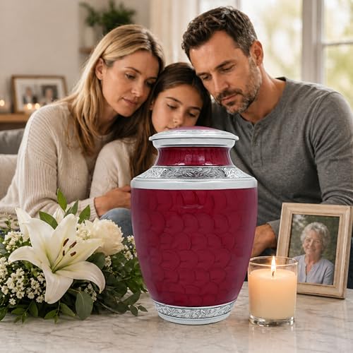 CLEENTABLE Metal Alloy Cremation Urn for Human Ashes, Maroon & Silver - color: Maroon, size: 6.5x11"