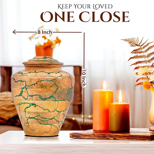 Wooden Cremation Urn for Adult Human Ashes – Handmade Mango Wood Funeral Urn with Green Epoxy Inlay – Large 225 Cu in Memorial Burial Urn Box with Velvet Bag (225 lbs) - size: Large (225 lbs)