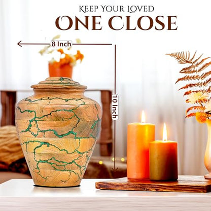 Wooden Cremation Urn for Adult Human Ashes – Handmade Mango Wood Funeral Urn with Green Epoxy Inlay – Large 225 Cu in Memorial Burial Urn Box with Velvet Bag (225 lbs) - size: Large (225 lbs)
