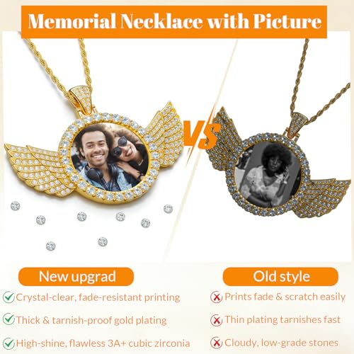 HJX Custom Circle Chain with Wings, Memorial Picture Necklace for Men Womem - color: Gold、Silver
