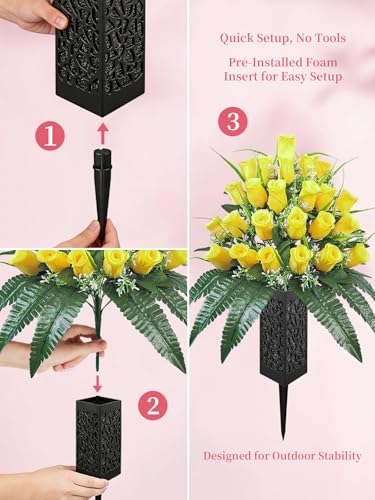 Mirevielyn 2-Pack 24-Stem Artificial Rose Cemetery Flowers with Vases - color: Yellow (Warm Memory)