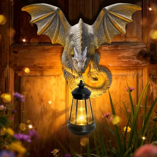 Solar Dragon Tree Hugger Garden Statue, Wall Hanger Dragon Figurine Decor | 9.8in Resin Dragon Decor with Solar Lights, Outdoor Waterproof for Tree Wall Fence Porch Yard, Gifts for Mom Women Birthday - style: 1 Pack - Dragon with Lantern