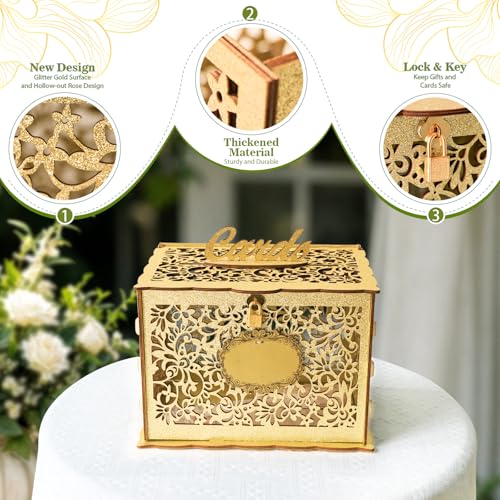 OurWarm Glittery Gold Wedding Card Box with Lock, Wood Gift Card Box for Wedding Reception, Envelope Box for Party Graduation Birthday Baby Shower Decorations - style: Glittery Gold