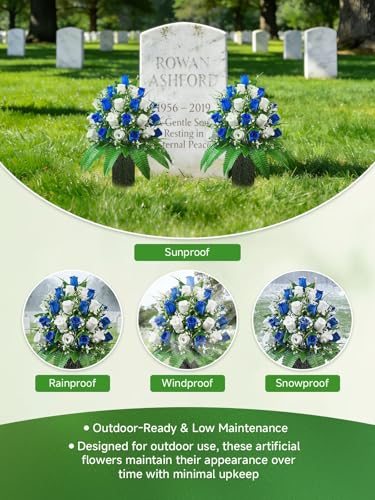 Mirevielyn 2-Pack 24 Stems Artificial Rose Cemetery Flowers with Vases - color: Blue & White (Full Bouquet)