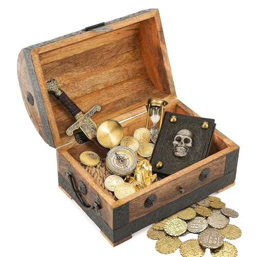 Ajuny Wooden Pirate Treasure Chest Jewelry Box Keepsake Organizer with Lock