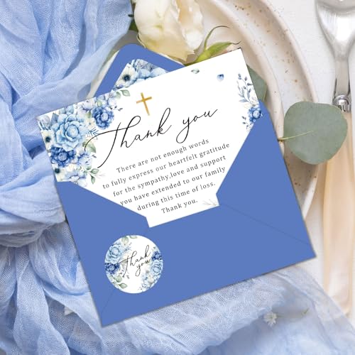 FYSUIMU Floral Funeral Thank You Cards Blue Rose Flower Sympathy Thank You Cards with Sticker Envelope Bereavement Card for Memorial Service Loved Ones Celebration of Life, 24 Pcs