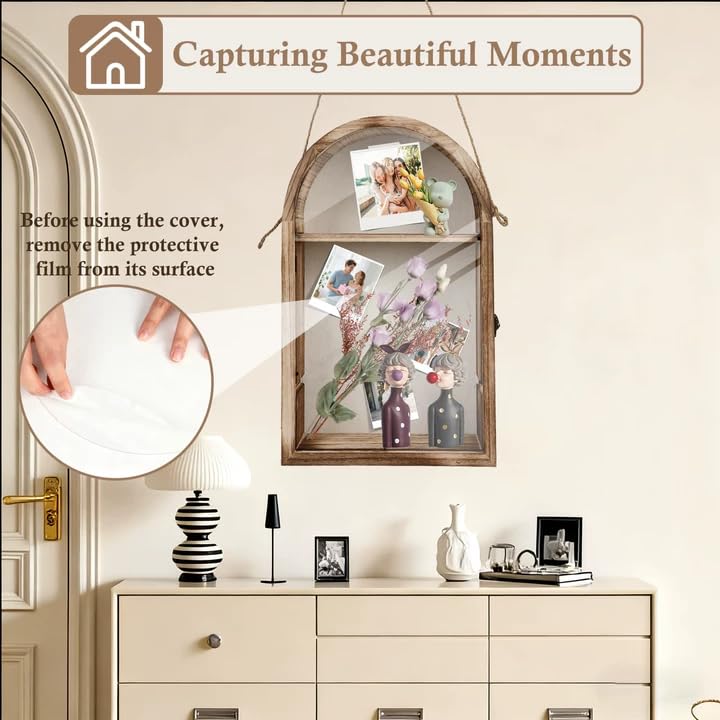 Large Shadow Box Frame with Storage Drawer - Deep Wood Memory Box Display Case with Hinged Door & Linen Back, Rustic Wedding Gifts for Bouquet, Medals, Photos & Pet Memorial Keepsakes (Brown)