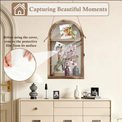 Large Shadow Box Frame with Storage Drawer - Deep Wood Memory Box Display Case with Hinged Door & Linen Back, Rustic Wedding Gifts for Bouquet, Medals, Photos & Pet Memorial Keepsakes (Brown)