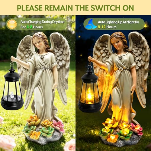 Solar Garden Statue Angel Figurine,11.8in Fairy Angel Solar Lights Outdoor | 7 LED Lights, Solar Outdoor Sculptures for Outside Balcony Patio Yard Ornament, Gifts for Women Mom, Cemetery Grave Decor - style: 1 Pack - Angel with Lantern