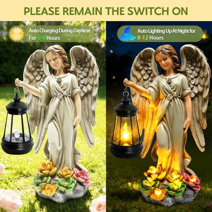 Solar Garden Statue Angel Figurine,11.8in Fairy Angel Solar Lights Outdoor | 7 LED Lights, Solar Outdoor Sculptures for Outside Balcony Patio Yard Ornament, Gifts for Women Mom, Cemetery Grave Decor - style: 1 Pack - Angel with Lantern