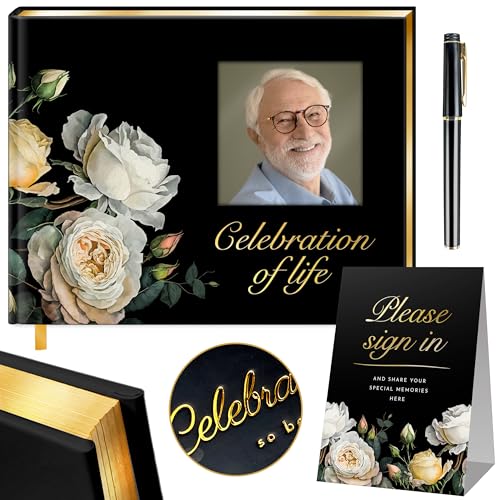 Celebration of Life Guest Book for Funeral or Memorial 9"x7", Hardcover Cardboard Floral Remembrance Book w/Sign In Poster, Gold Foil, Photo Window, Memory Keepsake for Loved Ones, Black & White Roses