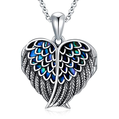 SOULMEET Angel Wing Heart Locket Necklace that Holds Picture Photo Locket Pendant You are My Angel Sterling Silver/Gold - style: C1-Abalone angel wing locket only