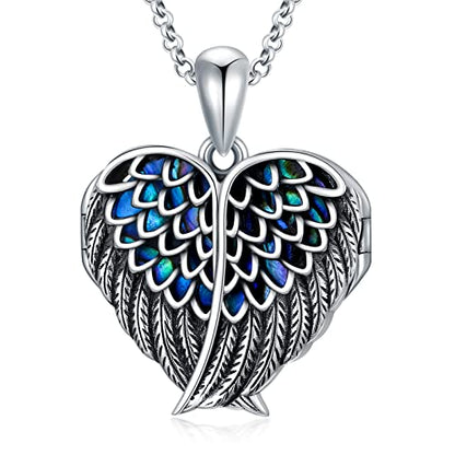 SOULMEET Angel Wing Heart Locket Necklace that Holds Picture Photo Locket Pendant You are My Angel Sterling Silver/Gold - style: C1-Abalone angel wing locket only