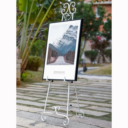 Heavy Duty Easel Stand for Wedding Sign, Adjustable Metal Display Easel | Durable metal, Scroll Design, Holds 56lbs, Adjustable Heightangle, Foldable Flat for Storage, White Matte Finish, No Assembly - style: Scroll-White